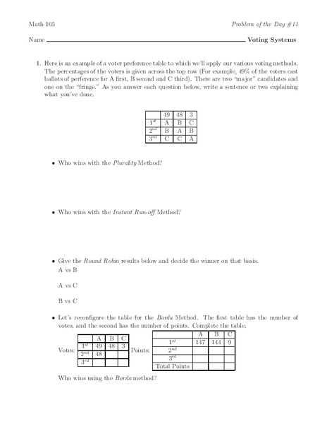 Voting Systems Worksheet