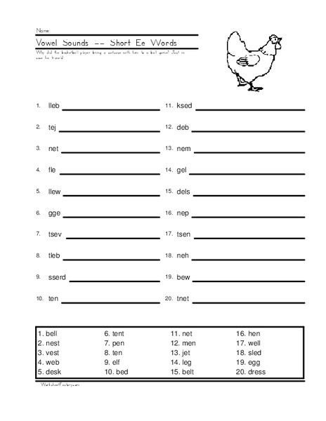 Vowel Sounds -- Short Ee Words Worksheet