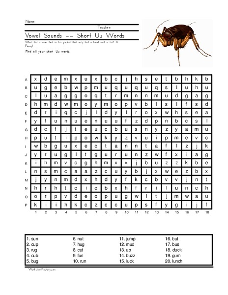 Vowel Sounds - Short Uu Words Worksheet