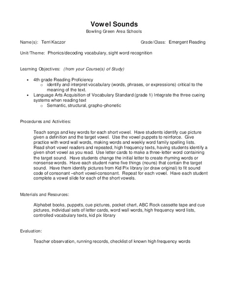 Vowel Sounds Lesson Plan