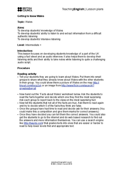 Wales Lesson Plan