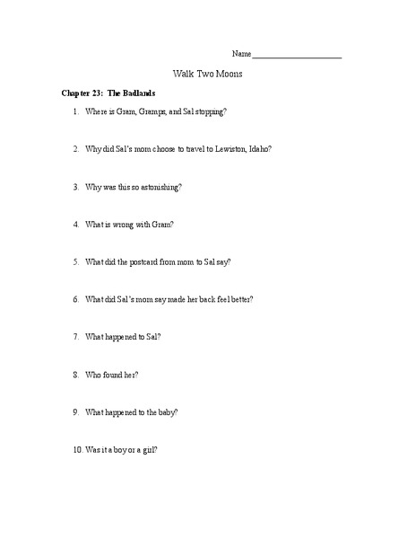 Walk Two Moons Worksheet