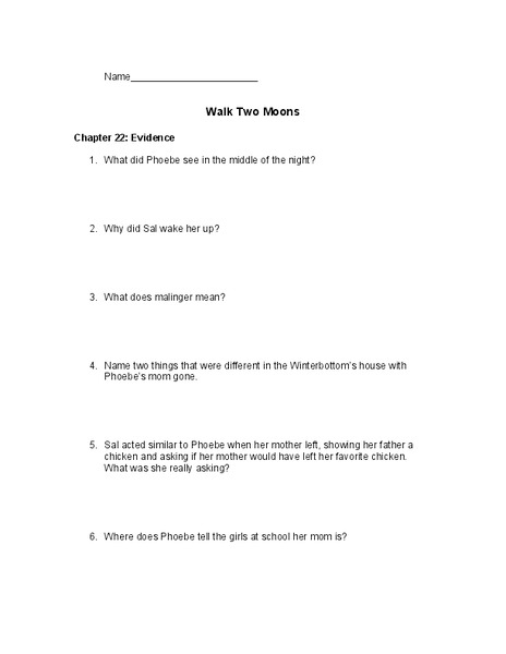 Walk Two Moons Worksheet