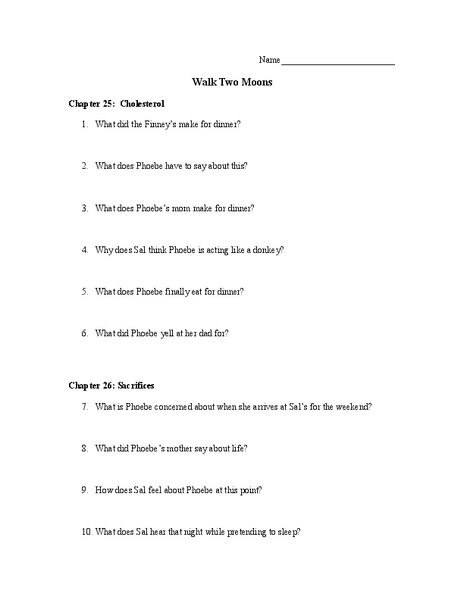 Walk Two Moons Worksheet