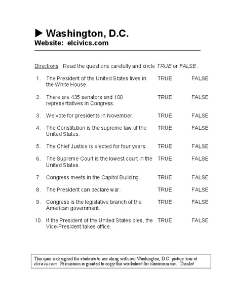 Washington, D.C. Worksheet