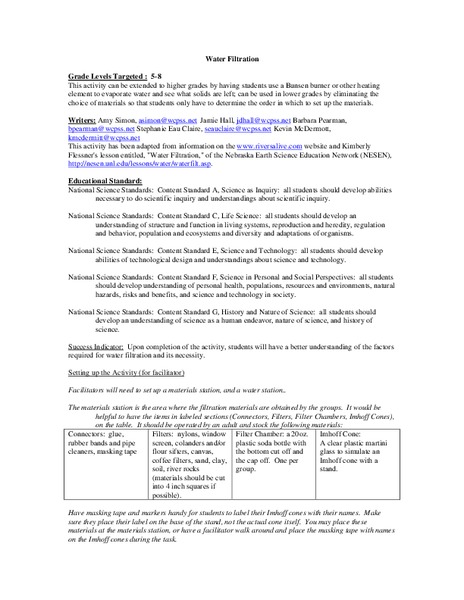 Water Filtration Lesson Plan