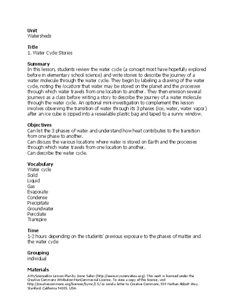 Water Cycle Stories Lesson Plan
