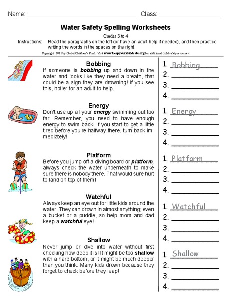 Water Safety Spelling Worksheets Worksheet