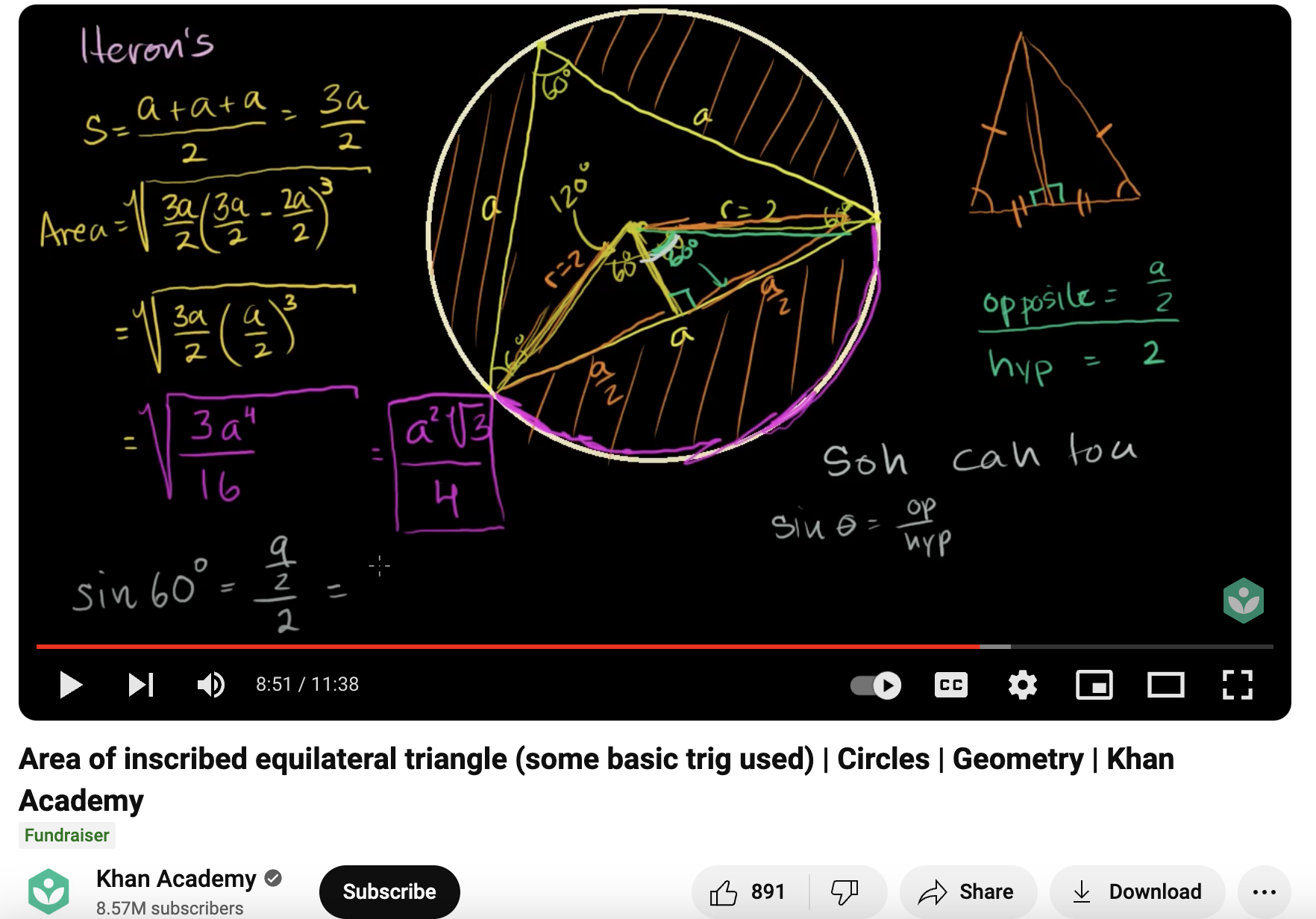 Area of Inscribed Equilateral Triangle (Some Basic Trig Used) Instructional Video