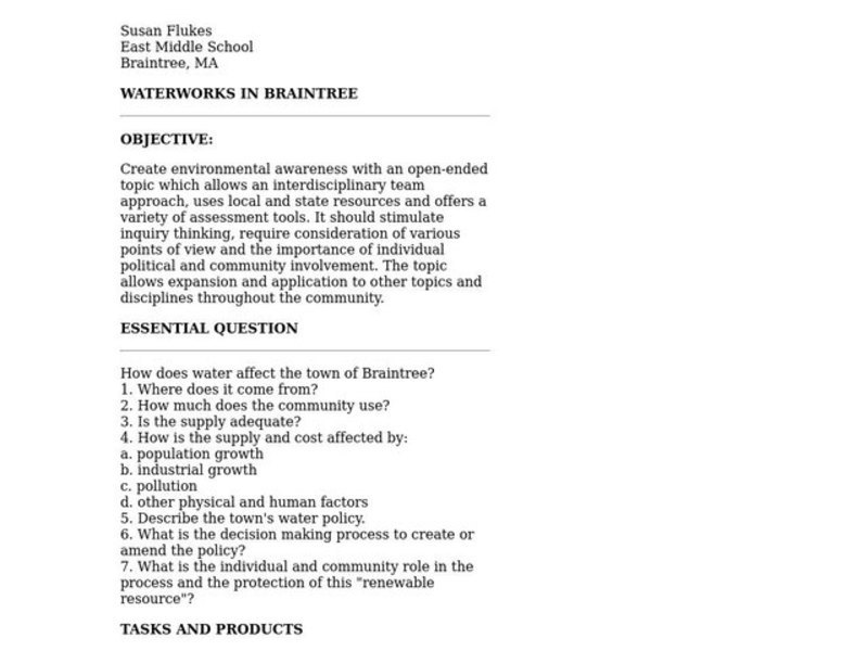 Waterworks in Braintree Lesson Plan