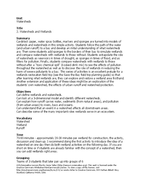 Watersheds and Wetlands Lesson Plan