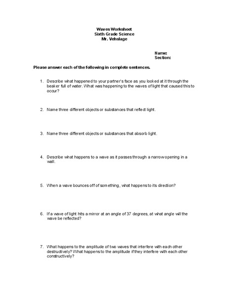 Waves Worksheet Worksheet