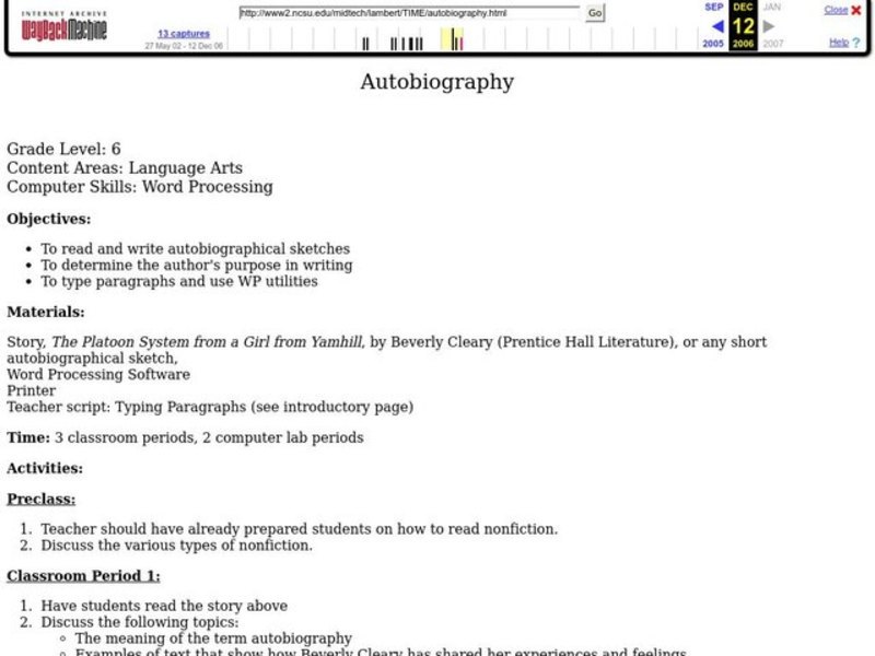 Autobiography Lesson Plan