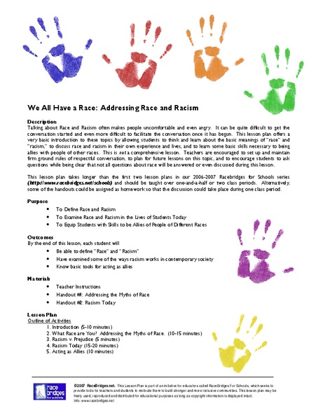 We all have a Race:  Addressing Race and Racism Lesson Plan