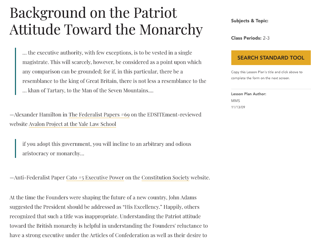 Background on the Patriot Attitude toward the Monarch Lesson Plan