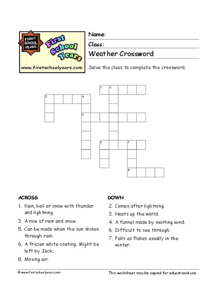 Weather Crossword Worksheet