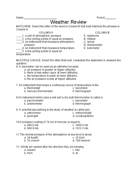 Weather Review Worksheet
