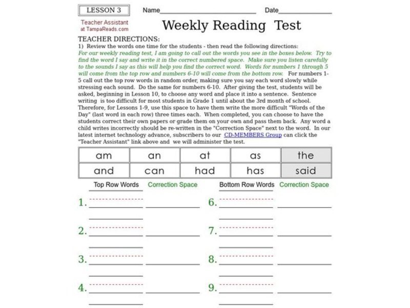 Weekly Reading Test Worksheet