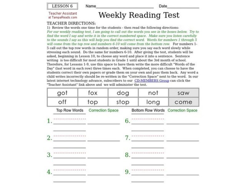 Weekly Reading Test Worksheet