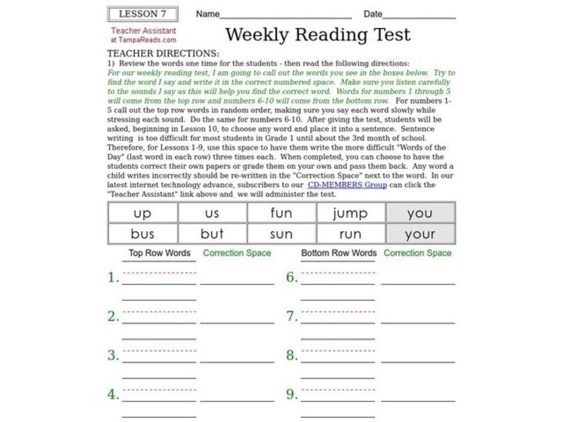 Weekly Reading Test Worksheet