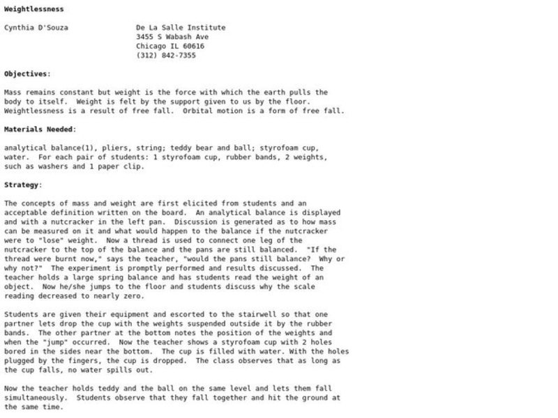 Weightlessness Lesson Plan