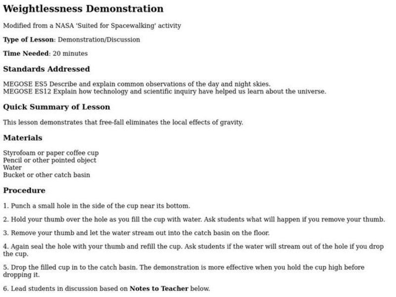Weightlessness Demonstration Lesson Plan