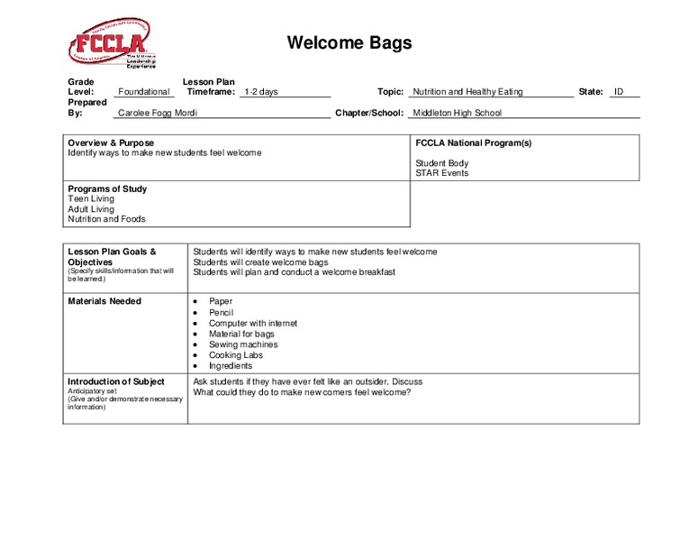 Welcome Bags Lesson Plan