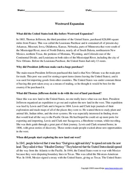 Westward Expansion Worksheet