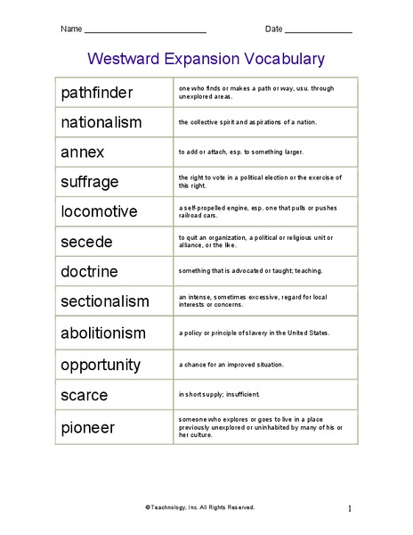 Westward Expansion Vocabulary Printables