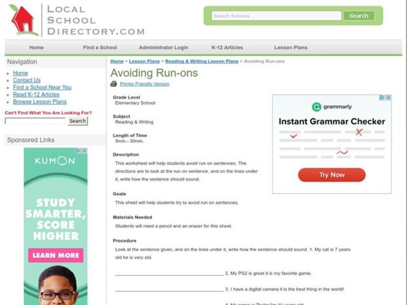 Avoiding Run-ons Lesson Plan