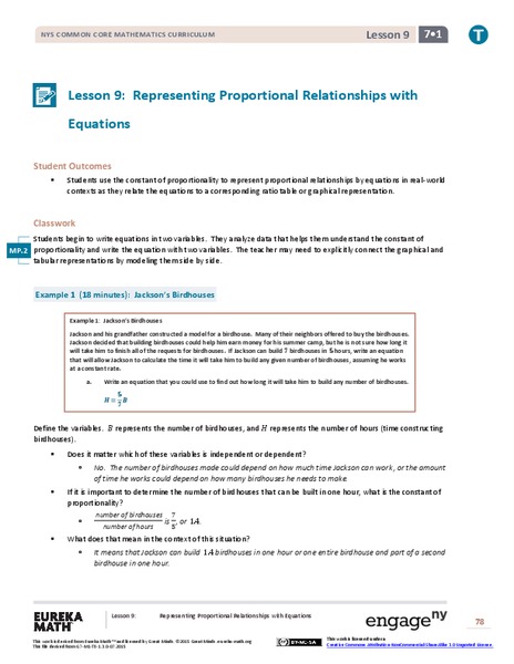 Representing Proportional Relationships with Equations 2 Lesson Plan