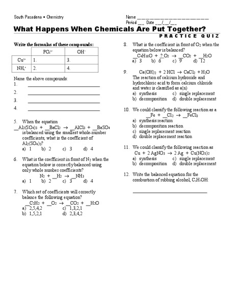 What Happens When Chemicals are Put Together? Worksheet