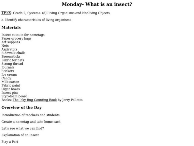 What Is An Insect? Lesson Plan