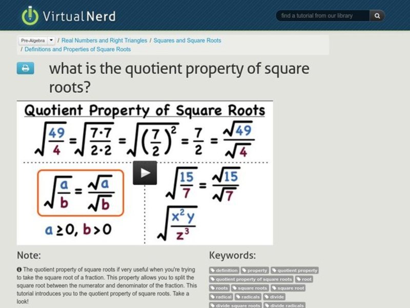 What is the Quotient Property of Square Roots? Instructional Video
