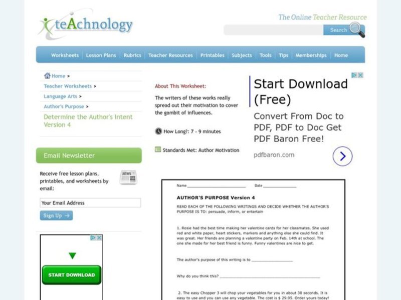 Author's Purpose Worksheet