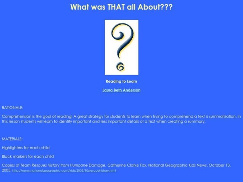 What Was That All About? Lesson Plan