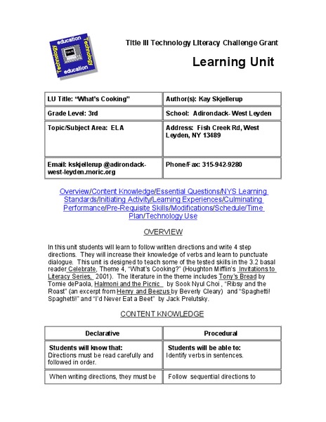 What's Cooking Lesson Plan