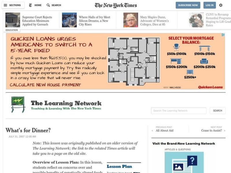 What's For Dinner? Lesson Plan