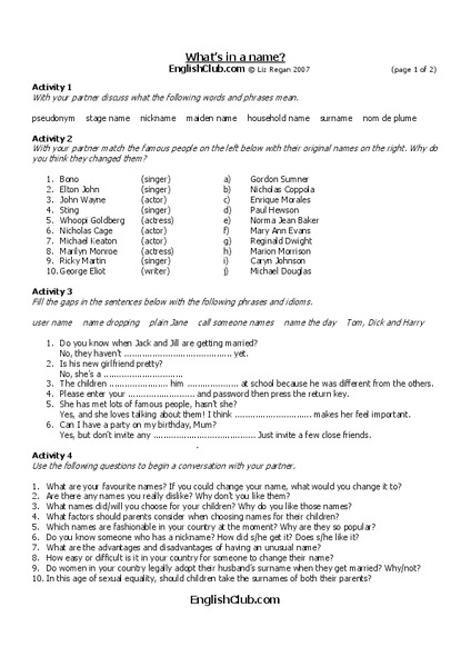 What's in a Name? Worksheet