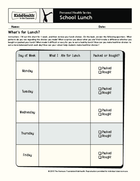 Handout: School Lunch (Grades 6 to 8) Worksheet
