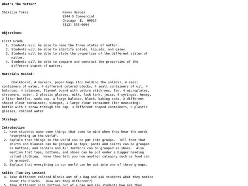 What's the Matter? Lesson Plan