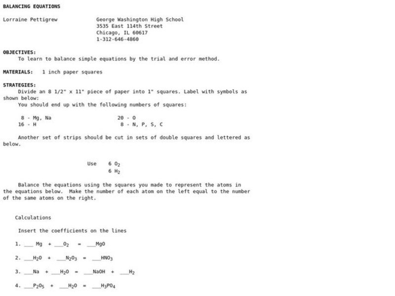 Balancing Equations Lesson Plan