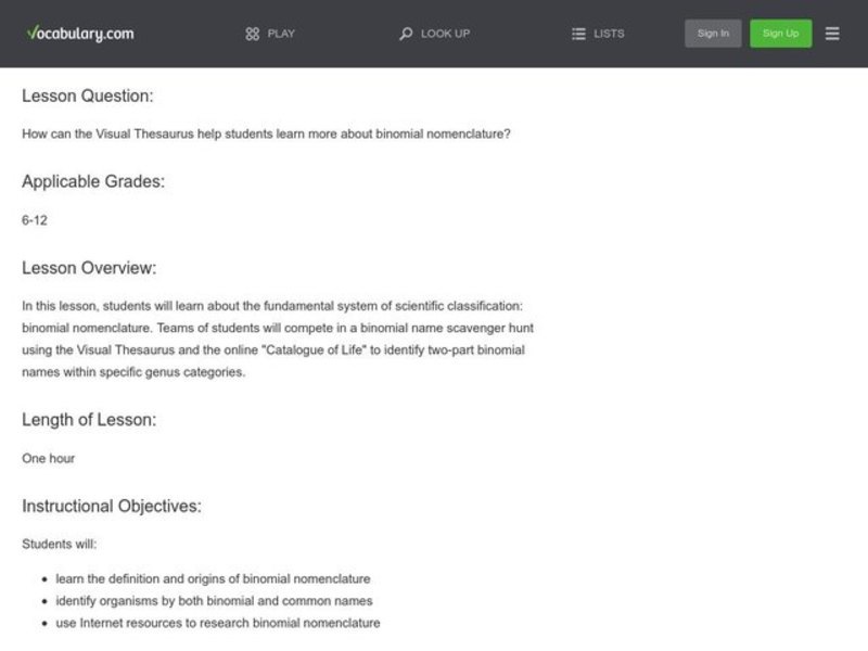 What's Your Genus? Scientific Classification and the VT Lesson Plan