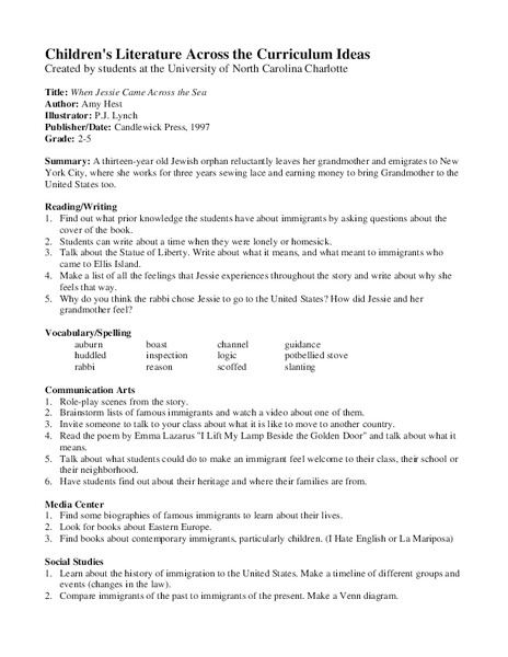 When Jessie Came Across The Sea Lesson Plan