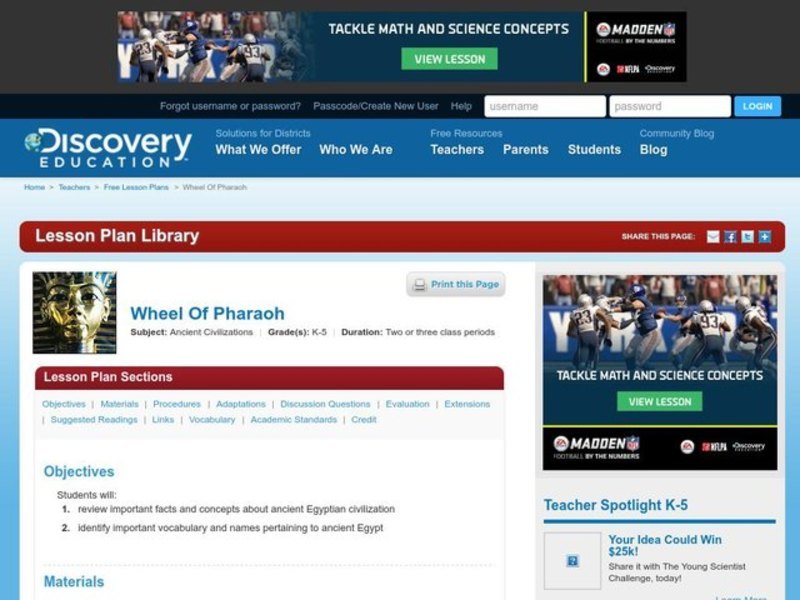 Wheel of Pharaoh Lesson Plan