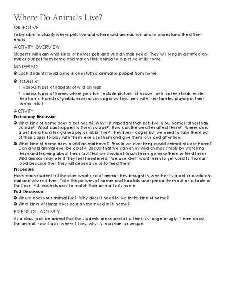 Where Do Animals Live? Lesson Plan