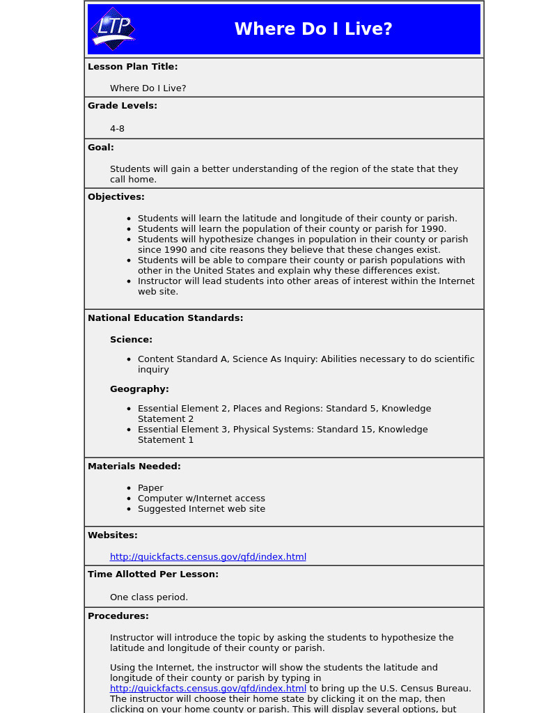Where Do I Live? Lesson Plan