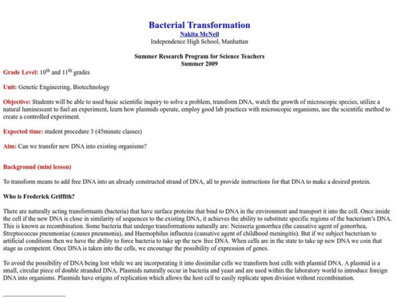 Bacterial Transformation Lesson Plan