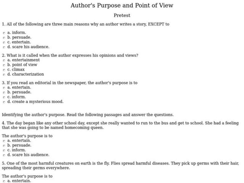 Author's Purpose and Point of View Pretest Worksheet