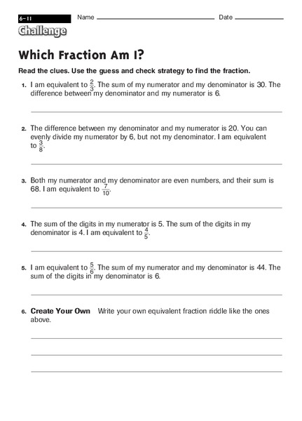 Which Fraction Am I? Worksheet